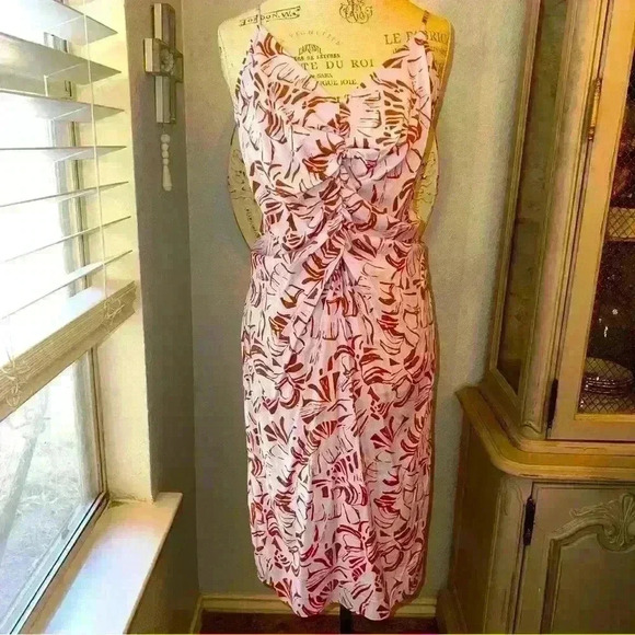 Nine West rushed leaf print linen like midi dress - Picture 2 of 6